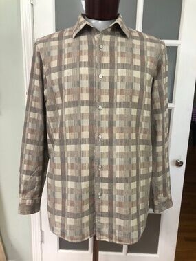 Men's Tasso Elba Long Sleeve Size XL Neutral Plaid Shirt